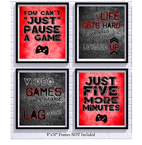 Product Cover Video Game Themed Art Print Room Wall Decoration (Set or Four) Gamer (Red)