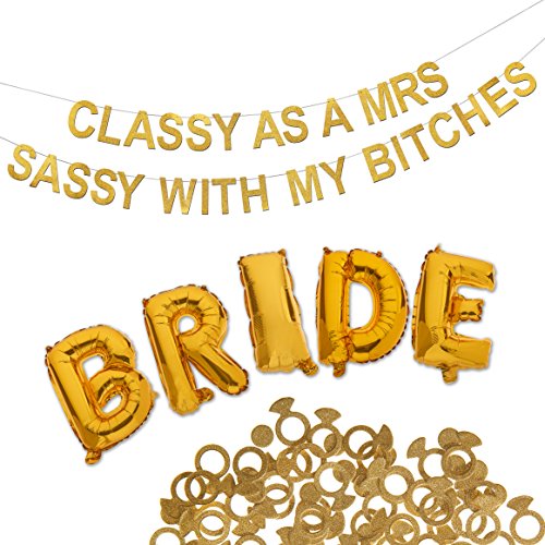 Product Cover Escalated Events Bachelorette Party Decorations Bridal Shower Kit - 3 Piece Gold Set, Classy Shimmering Banner, Bride Foil Balloon, Ring Confetti | Premium Party Supplies & Favors