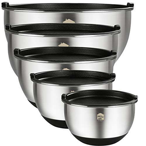 Product Cover Mixing Bowls Set of 5, Wildone Stainless Steel Nesting Mixing Bowls with Lids, Measurement Lines & Silicone Bottoms, Size 8, 5, 3, 2, 1.5 QT, Non-Slip & Stackable Design, Great for Mixing and Prepping