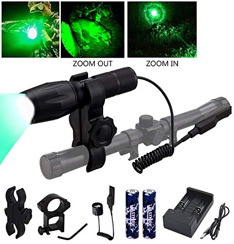 Product Cover VASTFIRE 350 Yard Green Hunting light Zoomable Flashlight Hog Predator Lights with Pressure Switch Picatinny Rail Mount 1 Inch To 30mm Scope Mount Gift Carring Case