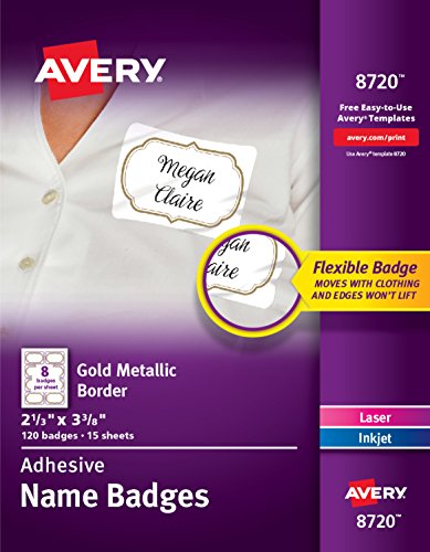 Product Cover Avery Self-Adhesive Removable Name Tag Labels, Gold Metallic Border, 2-1/3 x 3-3/8, 120 Badges (8720), Gold Border
