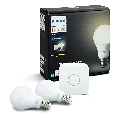 Product Cover Philips Hue White A19 60W Equivalent Dimmable LED Smart Bulb Starter Kit (2 A19 60W White Bulbs and 1 Hub Compatible with Amazon Alexa Apple HomeKit and Google Assistant), 2 Pack California Residents