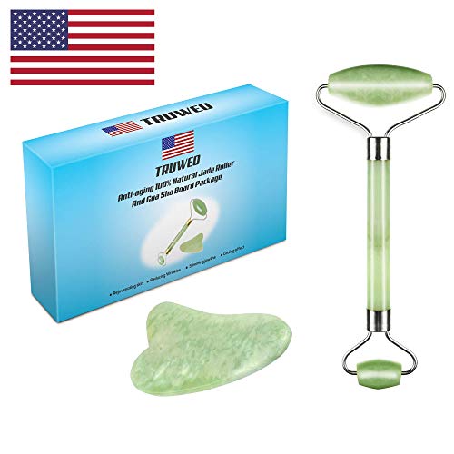 Product Cover Jade Roller and Gua Sha Scraping Massage Tool - Himalayan Anti-aging 100% Natural Facial Jade Stone Set - Face Eye Neck Beauty Roller For Slimming and Firming - Rejuvenate Skin and Remove Wrinkles