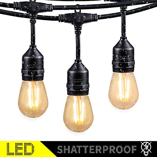 Product Cover 48 Ft LED Outdoor String Lights with 15 Dimmable S14 Edison Bulbs, Shatterproof Commercial Grade Hanging Patio Lights for Deck Backyard Bistro Cafe Pergola Gazebo Wedding Garden Vintage Light Decor