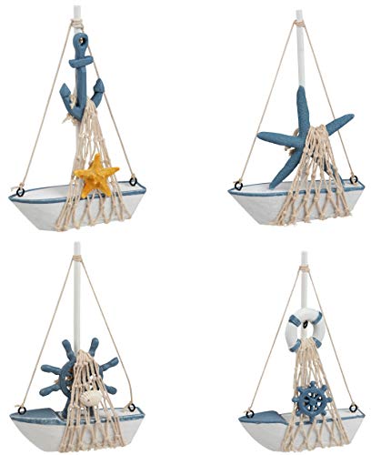 Product Cover Juvale Mini Sailboat Model Decoration - 4-Piece Wooden Miniature Sailing Boat Home Decor Set, Beach Nautical Design, Navy Blue and White, 4.4 x 6.8 x 1.25 Inches