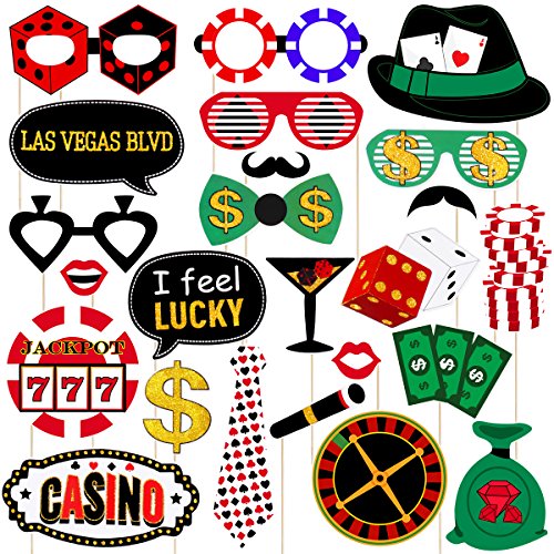 Product Cover Amosfun Las Vegas Casino Photo Booth Props Las Vegas Night Party Decorations Glitter Selfie Props Creative Party Supplies,Pack of 24
