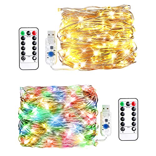 Product Cover Innotree 2 Pack Fairy Lights USB Plug in, Warm White & Multi Color Changing, 33ft 100 LEDs Firefly Twinkle String Lights with Remote for Bedroom Indoor Outdoor Party Wedding Decoration, Copper Wire