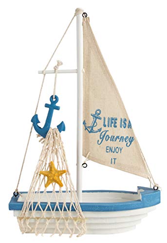 Product Cover Juvale Sailboat Model Decoration - Wooden Sailing Boat Home Decor Set, Beach Nautical Design, Navy Blue and White with Anchor, 12.5 x 8.25 x 3 Inches