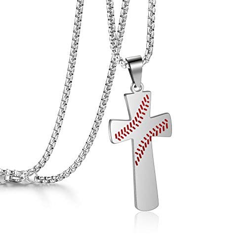 Product Cover YOUFENG Cross Necklace Men Baseball Pendant I CAN DO All Things Strength Bible Verse Stainless Steel Necklace (White Cross Necklace)