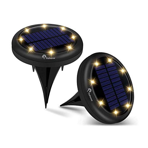 Product Cover PATHONOR Solar LED Ground Lights, LED Garden Light Solar Disk Lights with 8 LED 2 Pc Solar Garden Lights Outdoor for Patio Pathway Ground Lawn Yard Driveway Walkway (Warm White)
