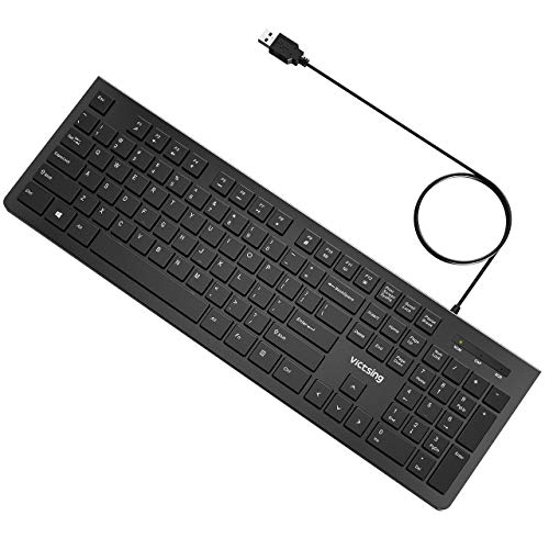 Product Cover VicTsing Wired Keyboard Ultra-Thin, Computer Keyboard USB Keyboard with Foldable Stand, PC Keyboard for Windows 7/8/10/Vista, Mac/Laptop/Desktop-Black