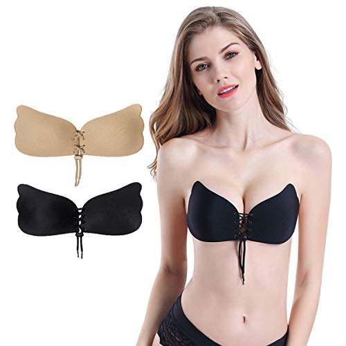 Product Cover HouNa Self Adhesive Bra,Backless Strapless Invisible Lift Push-up Bra with Drawstring for Woman(2 Pack Black and Beige)