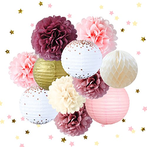 Product Cover NICROLANDEE Dusty Rose Blush Pink Tissue Pom Poms Rose Gold Foil Dots Paper Lanterns Gold Glitter Party Confetti 50G for Wedding Valentine's Day Bridal Shower Baby Shower Birthday Party Decorations