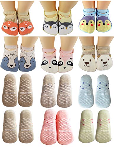 Product Cover Baby Toddler Girls Grip Socks Anti Slip 1 Year Old Gift Cartoon Animal Best Non Skid Cotton Sock From Tiny Captain (Pink, Blue, Grey, Tan)