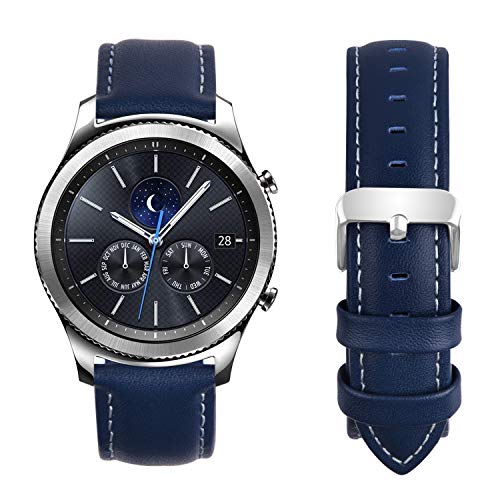 Product Cover Fullmosa Compatible Samsung Galaxy 46mm/Gear S3 Frontier/Classic Watch Bands, Quick Release Leather Watch Band for Gear S3 Bands/Moto 360 2nd Gen 46mm 22mm Watch Band, Dark Blue + Silver Buckle