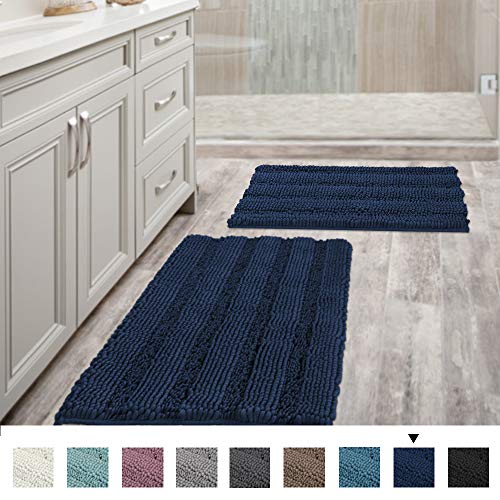 Product Cover Navy Blue Bathroom Rugs Slip-Resistant Extra Absorbent Soft and Fluffy Striped Bath Mat Set Chenille Bath Rugs, Floor Mats Dry Fast Machine Washable (Set of 2-20