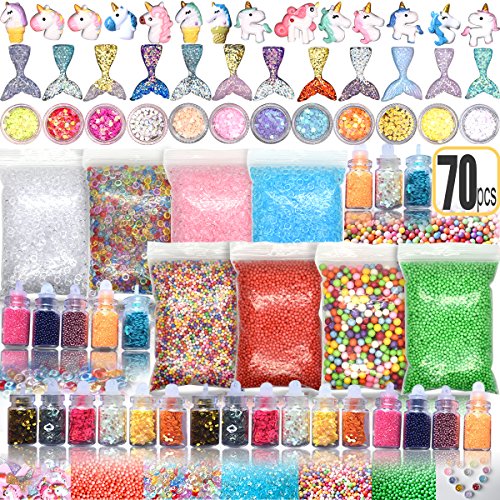 Product Cover Hulluter 70PCS Slime Add Ins Slime Kit for Girls and Boys Floam Beads Fish Bowl Beads Mreaind Unicorn Slime Charms Glitter Jars Slime Supplies Kit