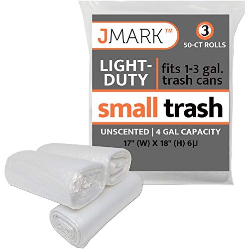 Product Cover J Mark Small Trash Bags, Light-Duty, Transparent, 4 Gallons (Fits Trash Can Sizes 1 to 3 Gallons), Economical Design for Frequent Replacement (3 Rolls | 150 Bags)