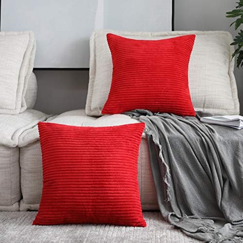 Product Cover Home Brilliant Set of 2 Solid Supersoft Corduroy Stripes Square Throw Pillow Cushion Covers Decorative, 20x20 inches (50cm), Red