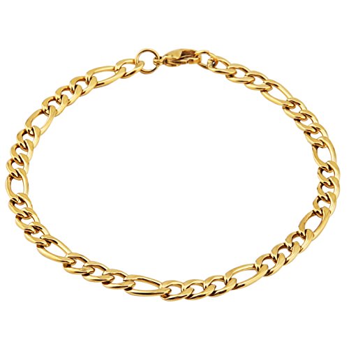 Product Cover HZMAN Men Women 18k Real Gold Plated Figaro Chain 5mm 9mm 13mm Stainless Steel Bracelet 8.5 Inches