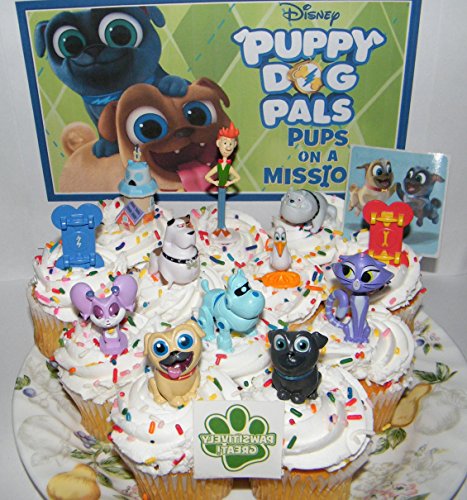 Product Cover Disney Puppy Dog Pals Deluxe Cake Toppers Cupcake Decorations Set of 14 with Figures, 2 Skateboards, PAW Tattoo and Pals Sticker Featuring ARF, Bingo, Rolly and Friends.