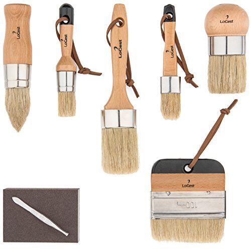 Product Cover Pro 6 Chalked Brush Set for Artist - Waxing,Milk Paint, Brush Set - Premium Thick Natural Boar Bristles Hair - Furniture Paint Brushes - Sanding Pad & Bristle Remover Included - by LoGest