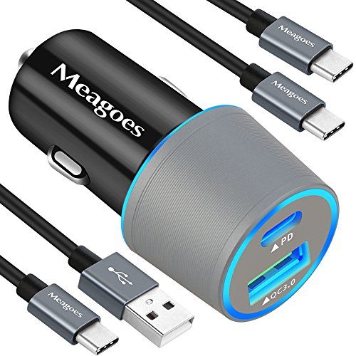 Product Cover Meagoes Rapid PD Car Charger, Compatible for Google Pixel 4 XL/4/3 XL/3/3a XL/3a/2 XL/2/XL/C, Moto Z3 Play/Z2 Force, Power Delivery & Quick Charge 3.0 Fast Car Adapter with 2 USB Type C Cords