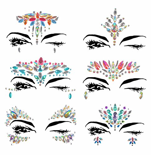 Product Cover Face Jewels, Ynredee 6 Sets Women Mermaid Rave Festival Glitter Body Sticker, Rhinestone Temporary Tattoo Face Gems Crystals Eyebrow Face Body Jewelry Halloween, Christmas, All Saints' Day