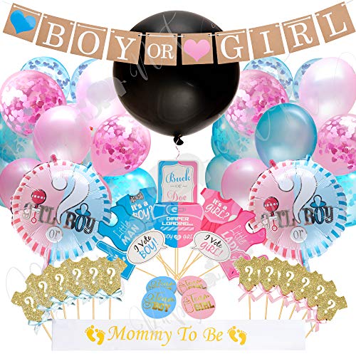 Product Cover Baby Nest Designs Gender Reveal Party Supplies (103 Pieces) With The Original Gender Reveal Balloon! Boy or Girl Banner Decorations, Foil Balloons, Photo Props, Cupcake Topper, Stickers Sash and More!