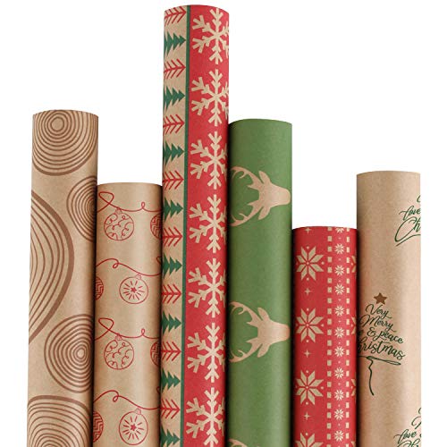 Product Cover RUSPEPA Christmas Gift Wrapping Paper - Brown Kraft Paper with Red and Green Pattern for Gift-Christmas Elements Collection-6 Roll-30Inch X 10Feet Per Roll