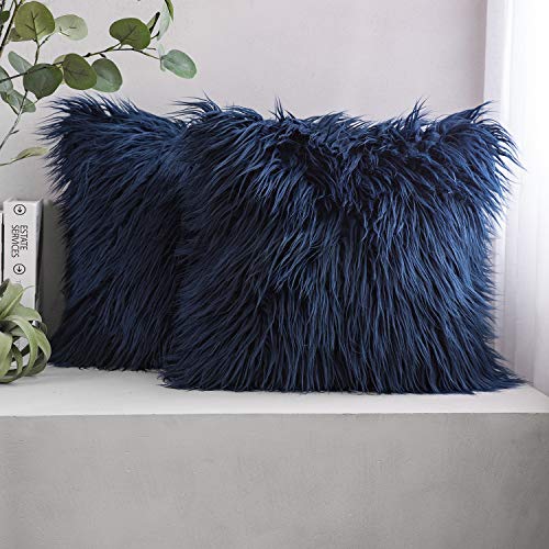 Product Cover Phantoscope Pack of 2 Luxury Series Throw Pillow Covers Faux Fur Mongolian Style Plush Cushion Case for Couch Bed and Chair, Navy Blue 20 x 20 inches 50 x 50 cm