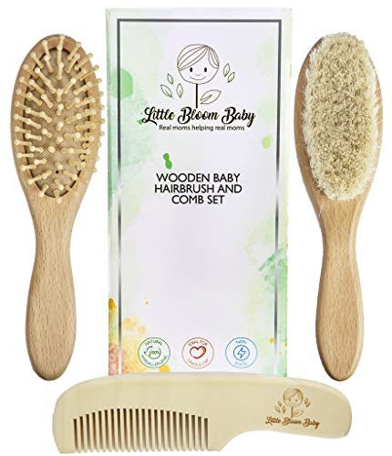 Product Cover Natural Wooden Baby Hair Brush and Comb Set for Newborns and Toddlers by LittleBloomBaby - Goat hair for Cradle Cap & Wooden Massage Bristles for Toddler - Unique Gift Kit Idea for Shower Registry