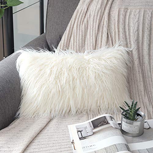 Product Cover Phantoscope Luxury Series Throw Pillow Covers Faux Fur Mongolian Style Plush Cushion Case for Couch Bed and Chair, Off White 12 x 20 inches 30 x 50 cm