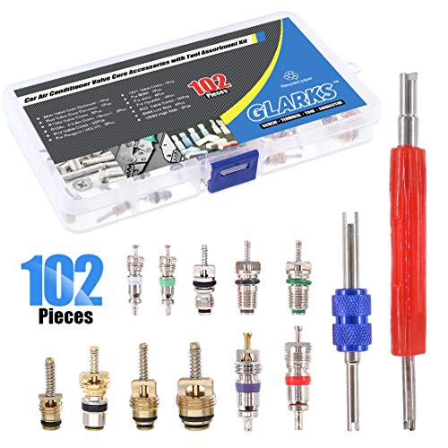 Product Cover Glarks 102Pcs Car Air Conditioner Valve Core Schrader Valve Cores Accessories A/C R12 R134a Refrigeration Tire Valve Stem with Double Head Dual Dismantling Remover Installer Tool Assortment Kit