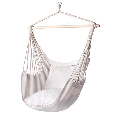 Product Cover Y- STOP Hammock Chair Hanging Rope Porch Swing Seat Quality Cotton Weave for Superior Comfort & Durability, Garden, Patio, Extra Long Bed Yard- Max 320 Lbs -2 Seat Cushions Included with Hook (Beige)