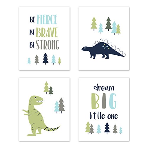 Product Cover Sweet Jojo Designs Blue and Green Dream Big Dino Wall Art Prints Room Decor for Baby, Nursery, and Kids for Mod Dinosaur Collection - Set of 4