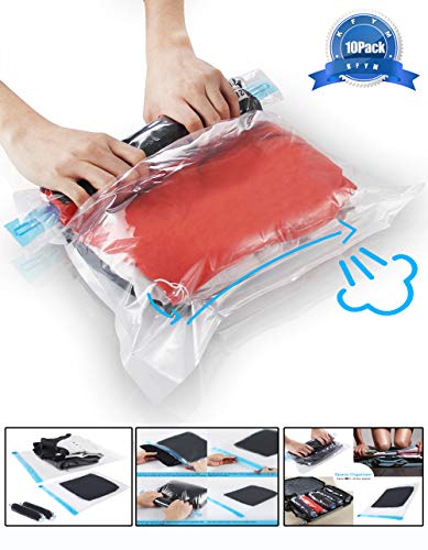 Product Cover KFYM 10Pack Travel Space Saver Bags (4 x S, 3 x M, 3 XL), Reusable Vacuum Travel Storage Bag, Saves 75% of Storage Space, Roll-Up Compression, No Need for Vacuum Machine Or Pump