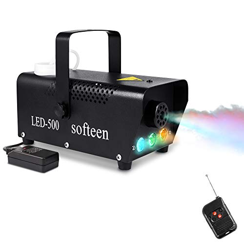 Product Cover Fog Machine with LED Lights in Red, Blue, Green, softeen Portable 3 Colors 500W Smoke Machine with Preheating Indicator Light and Wireless Remote Control for Party Christmas Halloween Stage
