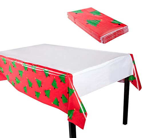Product Cover Christmas Plastic Tablecloth - 6-Pack 54 x 108-Inch Rectangular Disposable Table Cover, Perfect for Holiday Buffet Banquet or Picnic Tables, Festive Christmas Tree Design, Red and White, 4.5 x 9 Feet