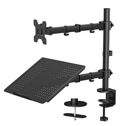 Product Cover Monitor Stand with Keyboard Tray - Adjustable Desk Mount Laptop Holder with Clamp and Grommet Mounting Base for 13 to 27 Inch LCD Computer Screens Up to 22lbs, Notebook up to 17ââ'¬Â