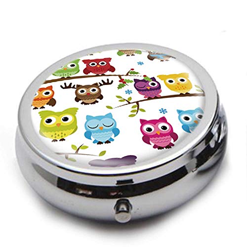 Product Cover Round Stainless Steel Pill Box Case - Cute Cartoon Owl- Pocket 2 inches Medicine Tablet Holder Organizer Case for Purse - Compact 3 Compartment