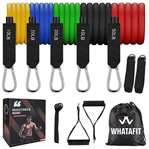 Product Cover Whatafit Resistance Bands Set (11pcs), Exercise Bands with Door Anchor, Handles, Waterproof Carry Bag, Legs Ankle Straps for Resistance Training, Physical Therapy, Home Workouts