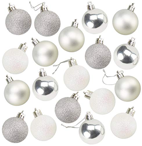 Product Cover 48-Pack Mini Christmas Tree Ornaments - Silver and White Shatterproof Small Christmas Balls Decoration, Assorted 3-Finish Shiny, Matte, Glitter, Hanging Plastic Bauble Holiday Decor, 1.5 Inches