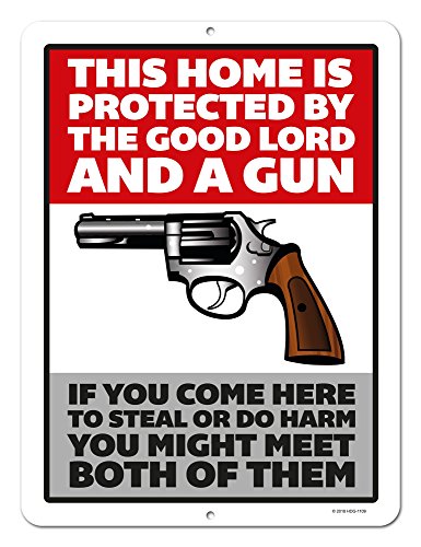 Product Cover Warning Sign, Home Protected by The Good Lord and a Gun, 9 x 12 inch Metal Aluminum Tin Sign Decor