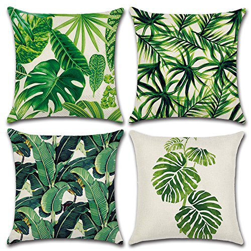 Product Cover MIULEE Pack of 4 Tropical Leaves Series Throw Pillow Cover Decorative Cotton Linen Burlap Square Cushion Cover Pillow Case for Car Sofa Bed Couch 18 x 18 Inch