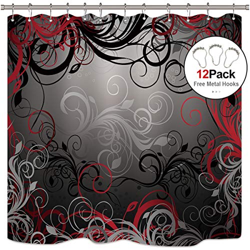 Product Cover Riyidecor Red and Grey Black Shower Curtain Metal Hooks 12 Pack Leaf Swirl Floral Modern Forest Decor Fabric Set Polyester Waterproof Fabric Bathtub 72x72 Inch