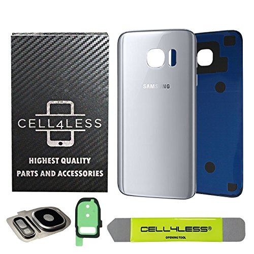 Product Cover CELL4LESS Compatible Back Glass Cover Back Battery Door w/Custom Removal Tool & Installed Adhesive Replacement for Samsung Galaxy S7 - All Models G930-2 Logo - OEM Replacement (Silver Titanium)