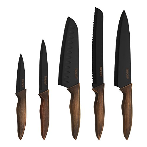 Product Cover Hecef Kitchen Knife Set,Stainless Steel Super Sharp Blade Chef Knife Set with FDA Grade Black Color Coating,Includes Chef,Bread,Santoku,Utility and Paring Knife with Matching Blade Guards