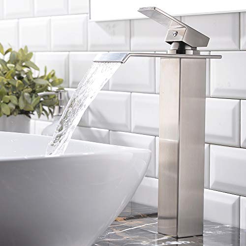 Product Cover VESLA HOME One Hole Single Handle Waterfall Brushed Nickel Bathroom Faucet, Bathroom Sink Vessel faucet Lavatory Mixer Tap