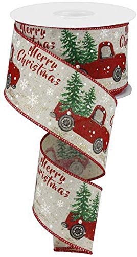 Product Cover Christmas Vintage Truck Wired Burlap Ribbon : Red Green Brown 2.5